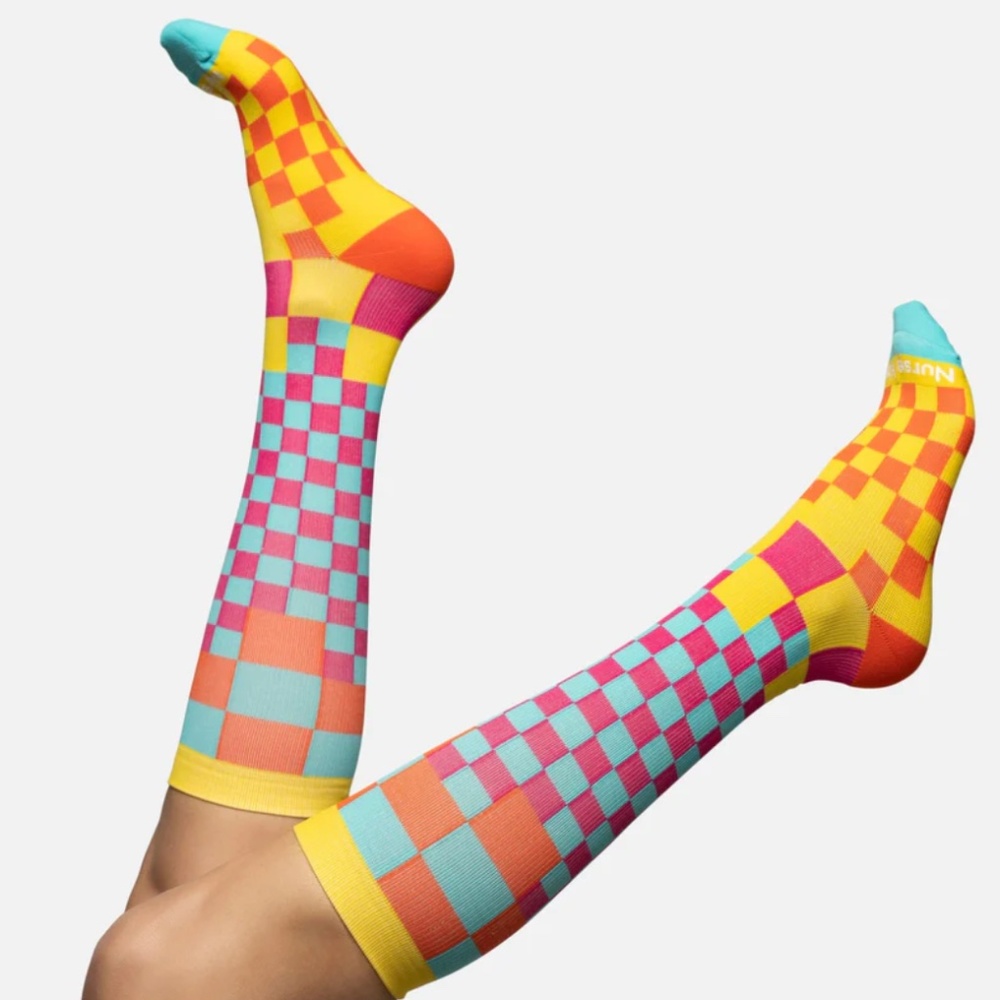 NEW Women's Nurse Yard Compression Socks Pink Aqua Yellow Checkered 3XL